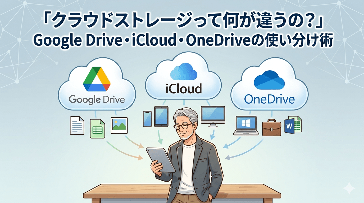 Google Drive・iCloud・OneDriveの使い分けを説明するイラスト