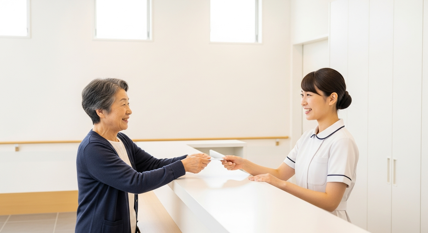 病院の受付でマイナ保険証(マイナンバーカード)を使うシニア患者