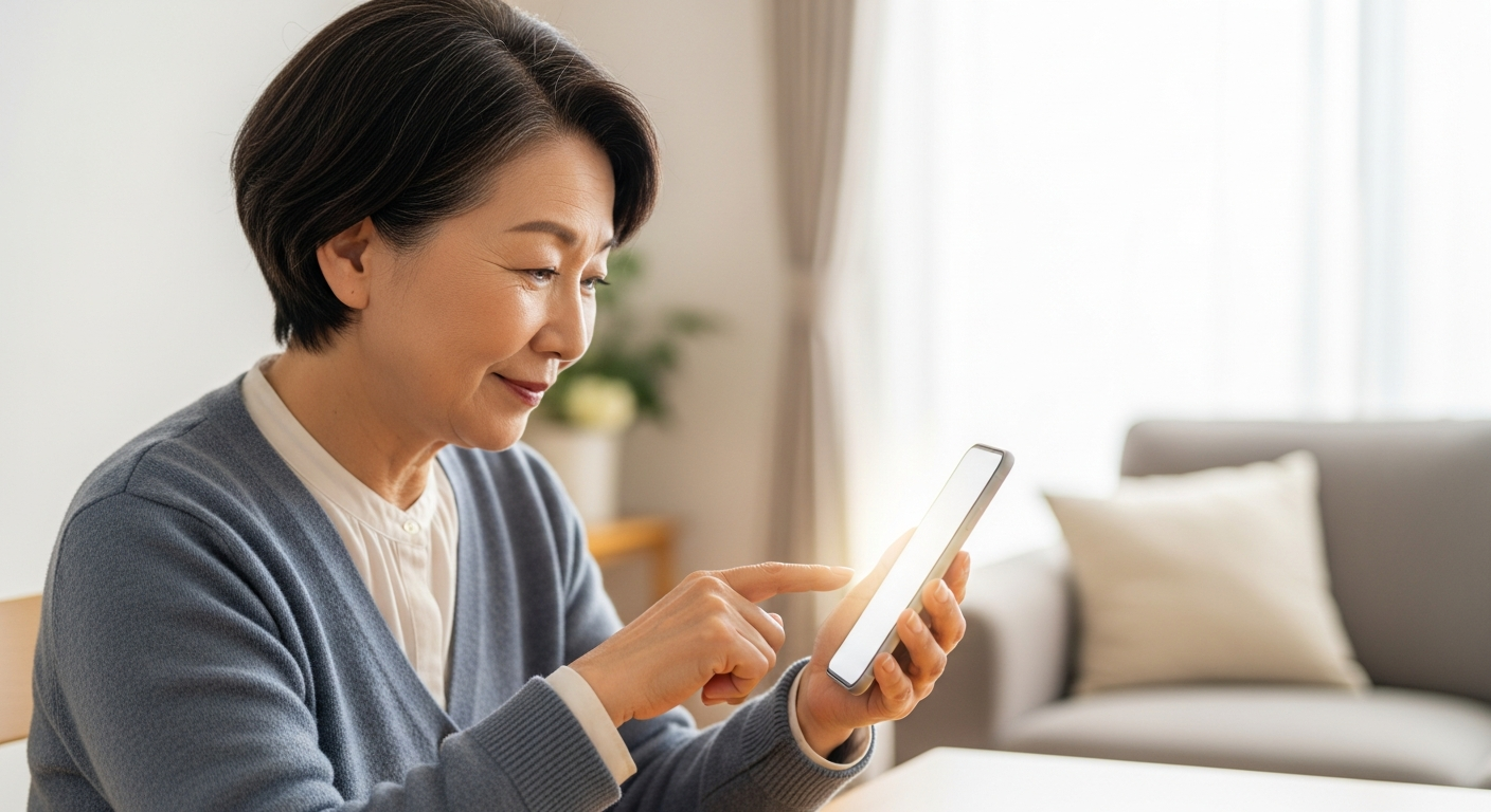スマートフォンでマイナポータルを活用するシニア女性