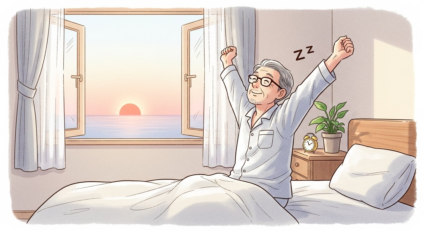 早朝にすっきり目覚めて伸びをするシニア男性のイラスト