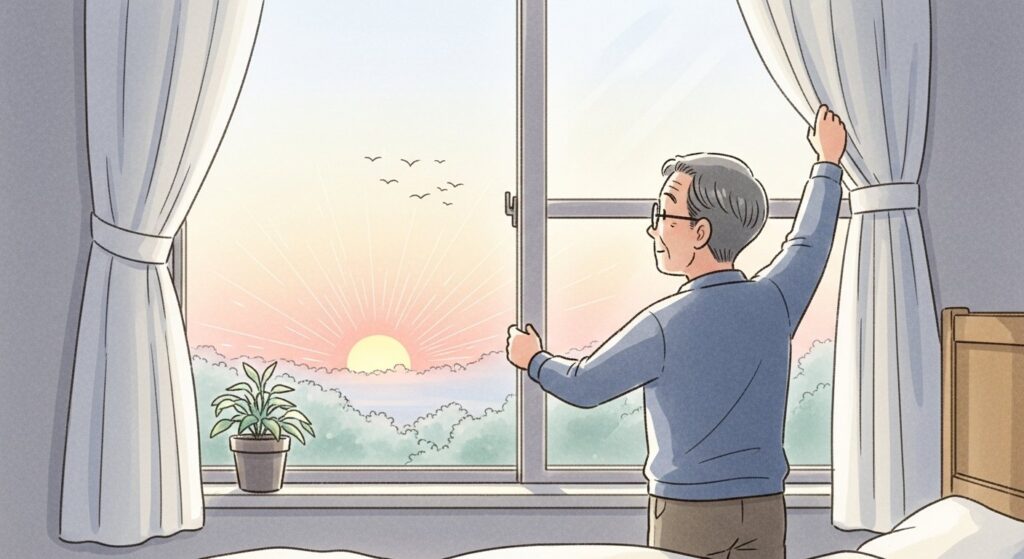早朝にカーテンを開けて朝日を浴びるシニア男性のイラスト