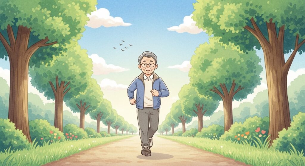 日中に公園をウォーキングするシニア男性のイラスト