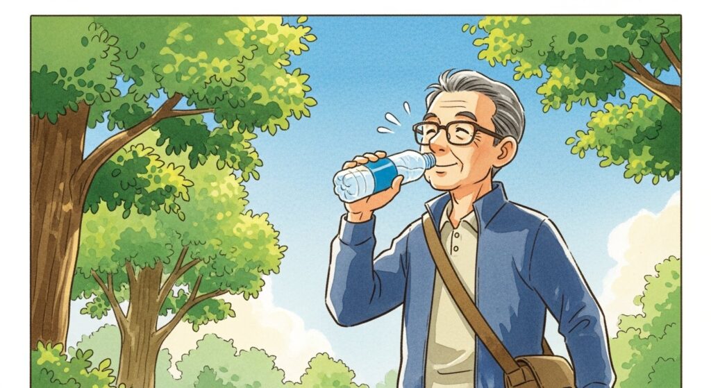 外出時に水のペットボトルを持ち歩くシニア男性のイラスト