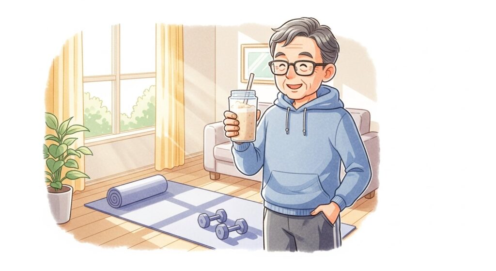 朝にプロテインを飲み運動するシニア男性のイラスト