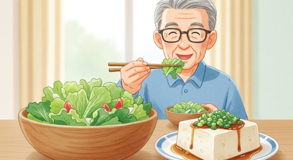 サラダと冷ややっこを先に食べる食卓のイラスト