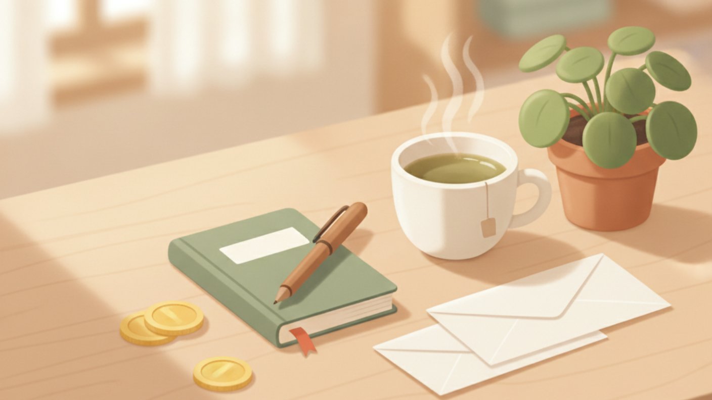 ノートとペン、コイン、封筒、お茶を机に並べた、退職後の家計を見つめ直すイメージのイラスト