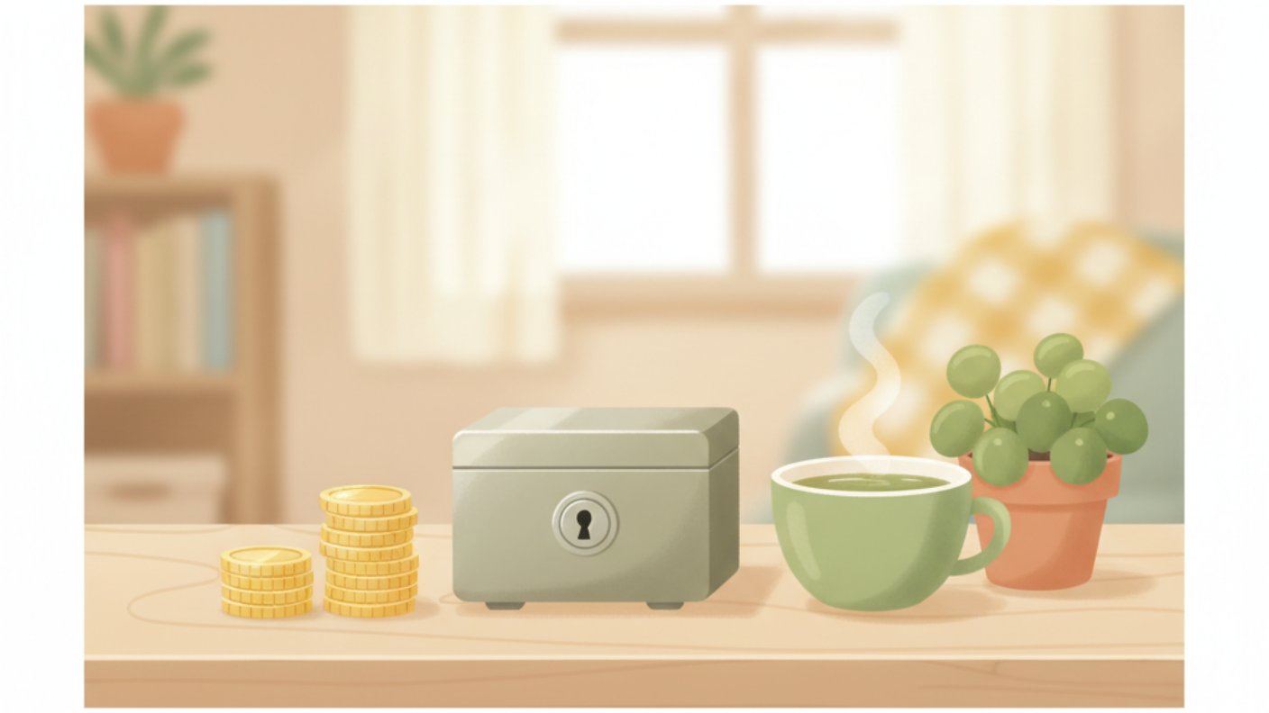 小さな金庫とコイン、お茶を机に並べた、退職金を大切に守るイメージのイラスト