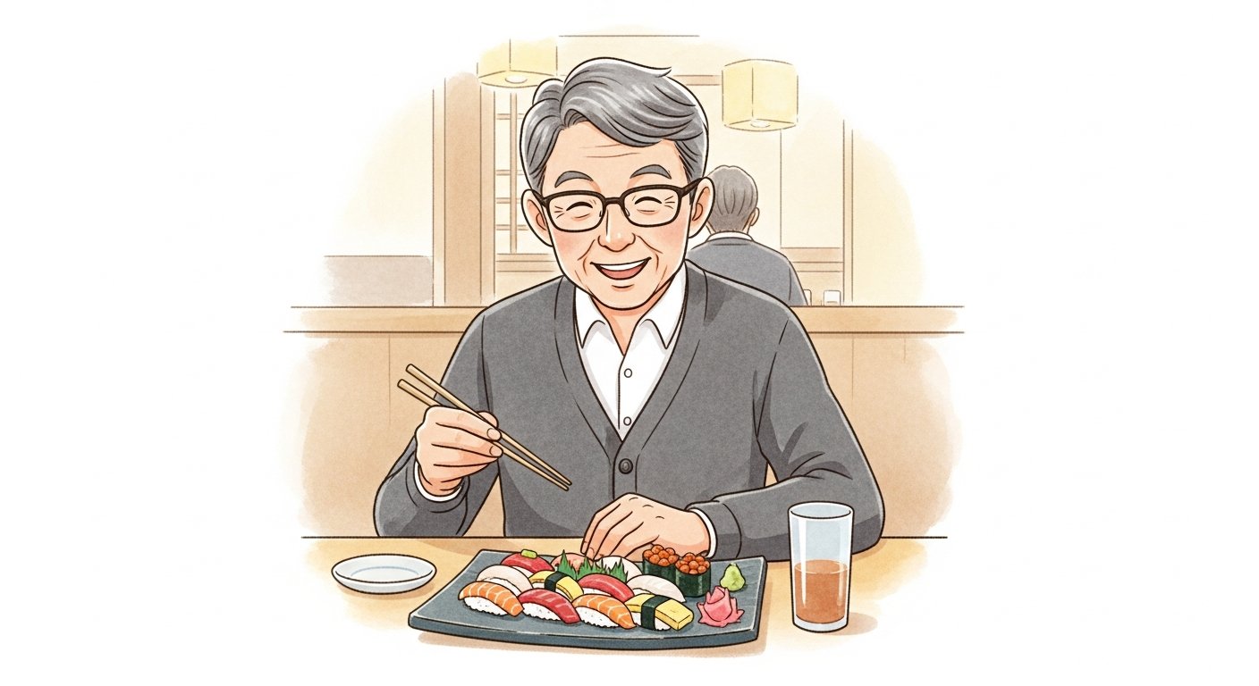 配当金で美味しいお寿司を満足そうに楽しむシニア男性のイラスト
