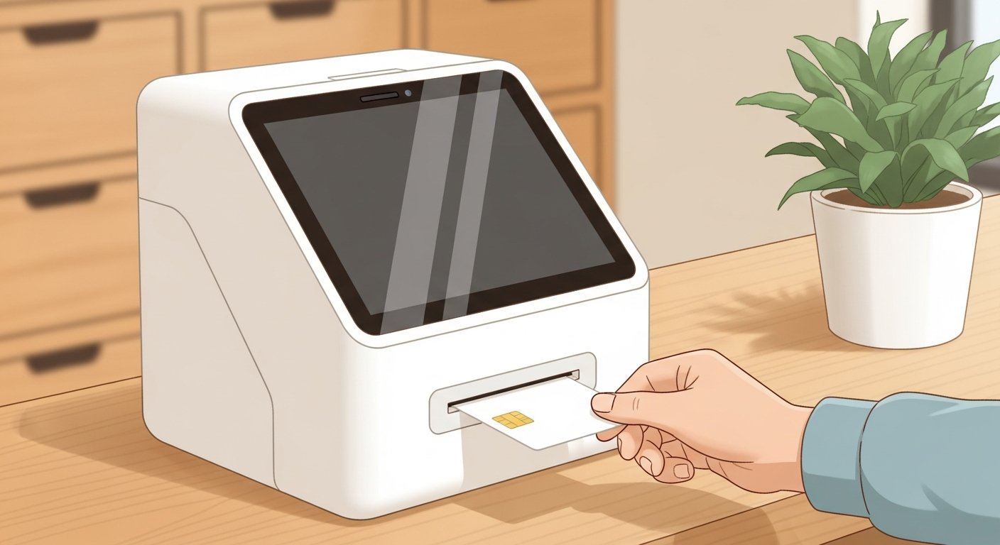 病院の受付機にマイナンバーカードを差し込む高齢者の手元のイラスト