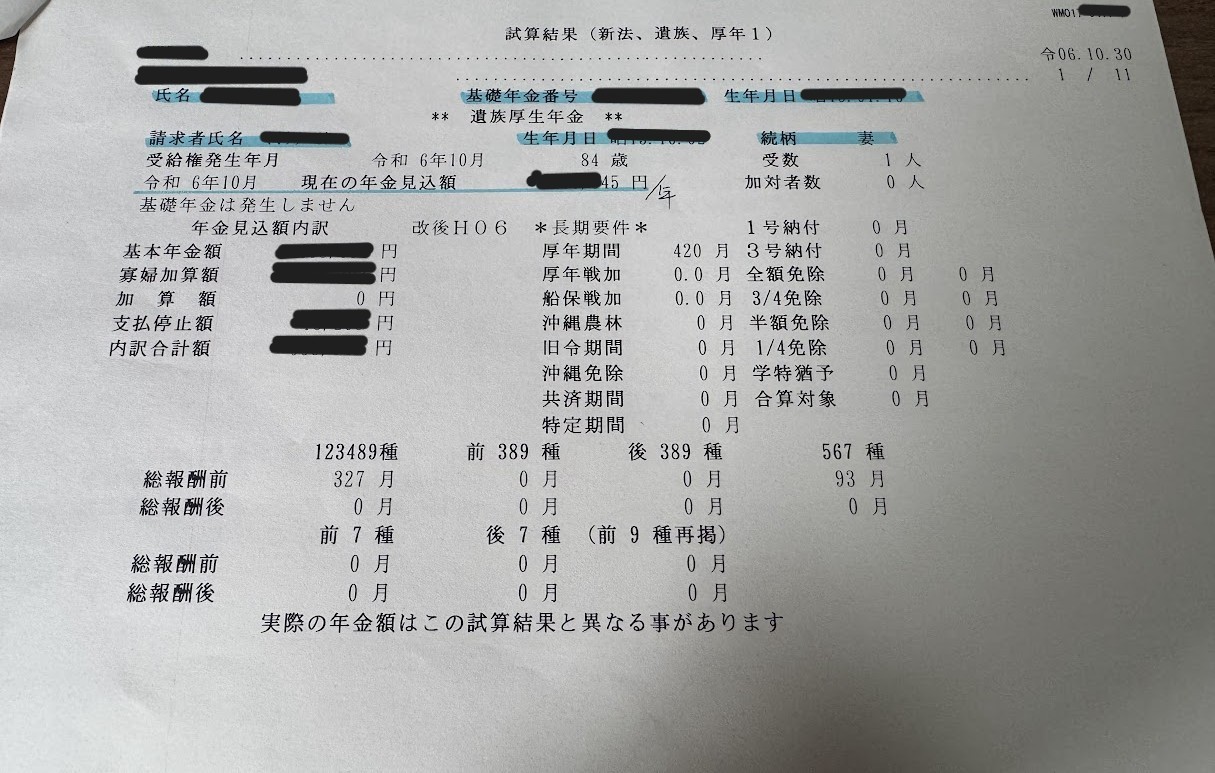 遺族厚生年金の試算結果の書類（個人情報は伏せています）