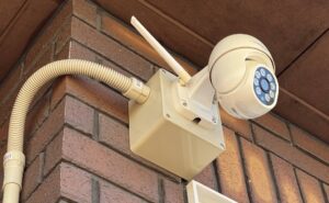 カーポートの柱に取り付けた屋外用の防犯カメラとセンサーライト、電源ボックスと配線