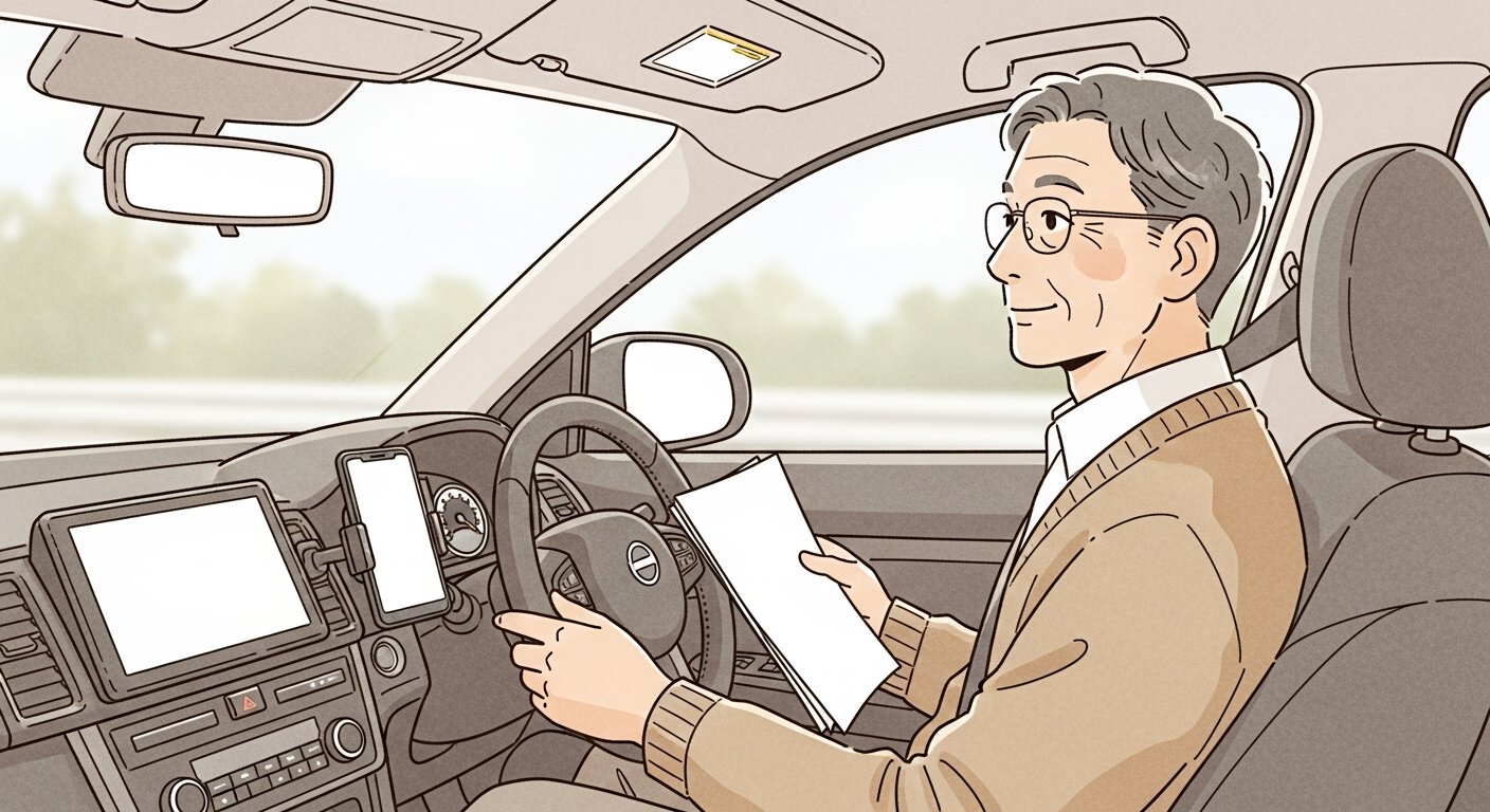 運転席でカーナビとダッシュボードに取り付けたスマートフォンのナビを併用するシニア男性のイラスト