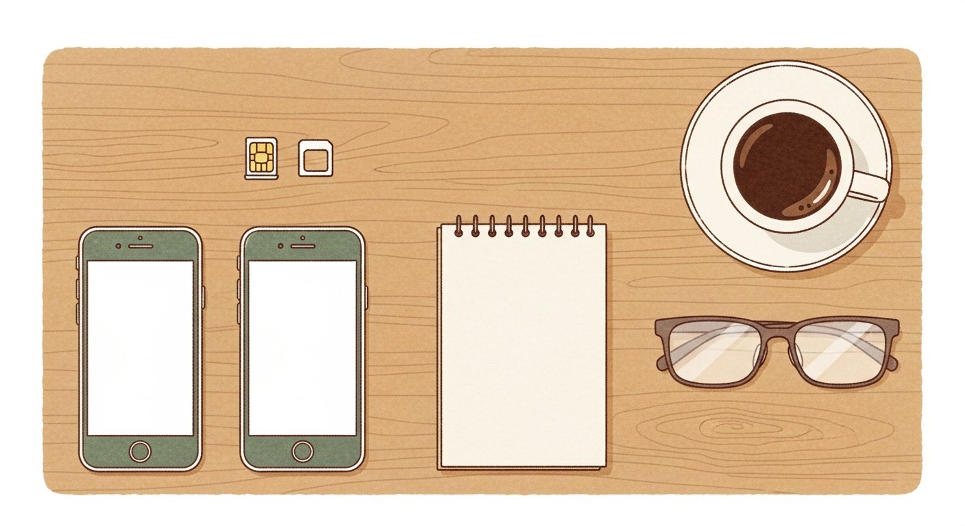 机の上に並んだ夫婦2台分のスマートフォンとSIMカード、コーヒー、メガネ、ノートを真上から見たイラスト