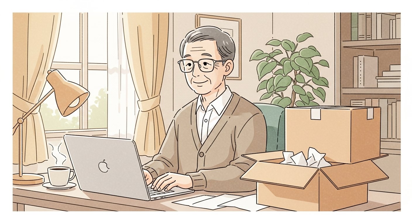 書斎のノートパソコンでネット通販の買い物をする、四角いメガネのシニア男性と届いた宅配の段ボール箱のイラスト