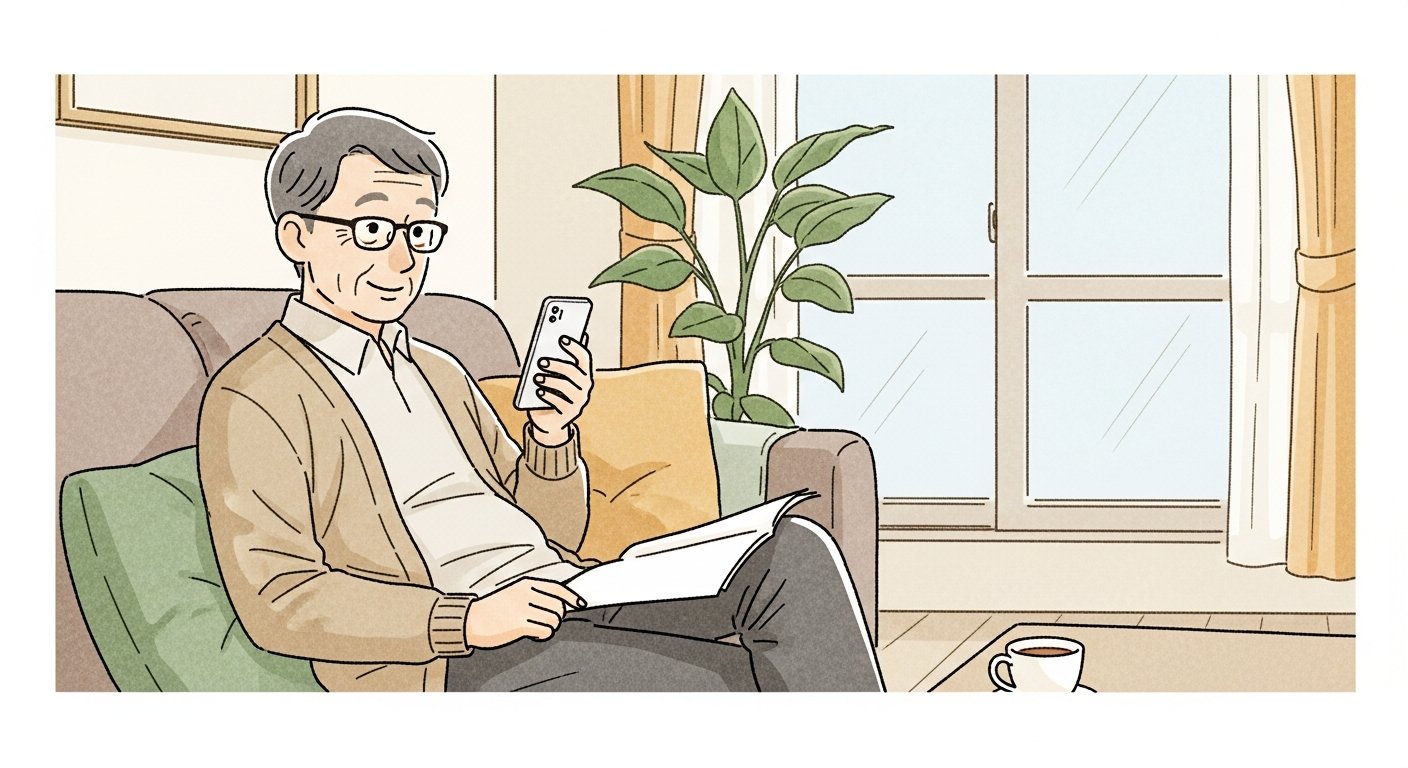 リビングのソファでくつろぎながらスマートフォンを操作する、四角いメガネのシニア男性のイラスト