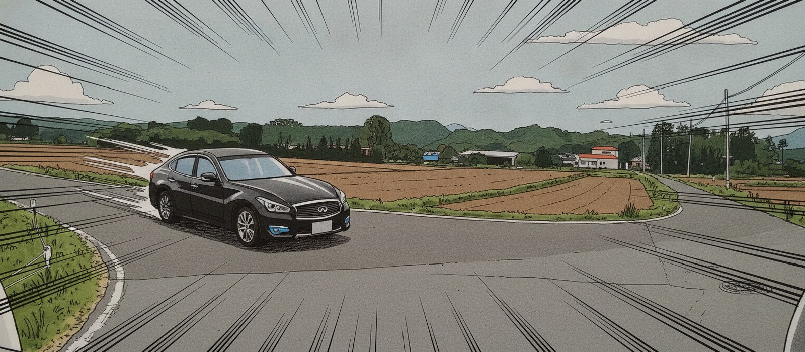信号もセンターラインもない見通しのよい田舎の交差点で、黒いセダンが角を大きく切って手前へ曲がってくる漫画風のイラスト