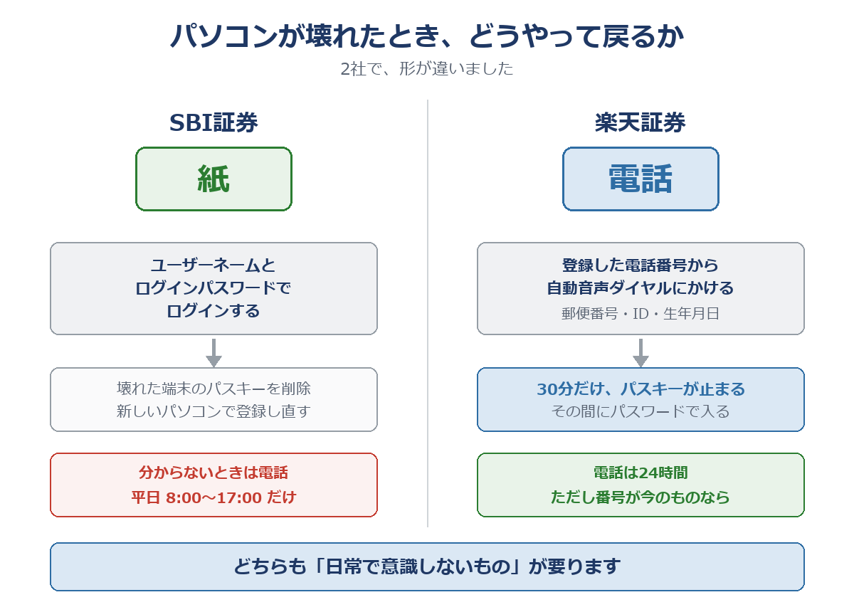 SBI証券はユーザーネームとログインパスワード、楽天証券は登録電話からの自動音声で30分だけパスキーが止まることを並べて比べた図