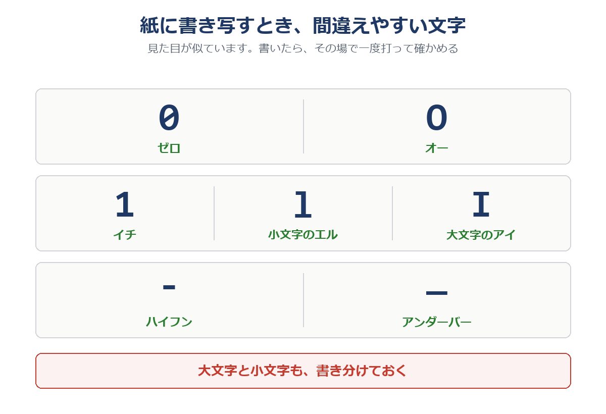 ゼロとオー、イチと小文字のエルと大文字のアイ、ハイフンとアンダーバーを大きく並べて見比べた図