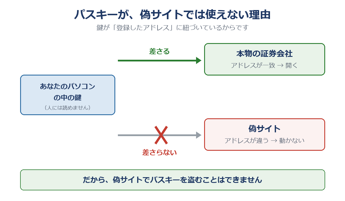 パソコンの中の鍵が、本物の証券会社には差さり、偽サイトには差さらないことを示した図