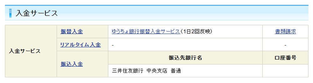 SBI証券の入金サービス画面。振込入金の行に振込先の銀行名と支店名が表示されている