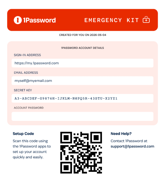 1PasswordのEmergency Kitの見本。サインインアドレス、メールアドレス、シークレットキー、アカウントパスワードの欄と、セットアップ用のQRコードが並んでいる